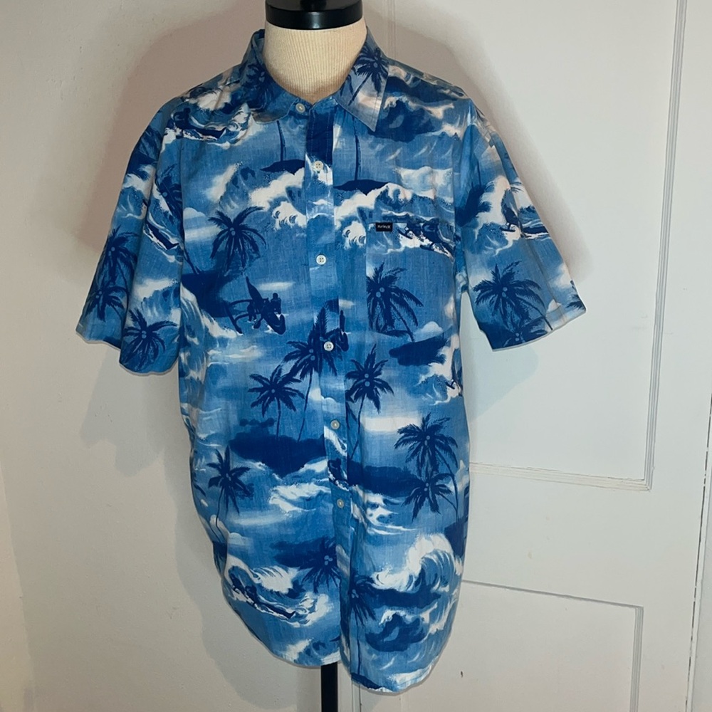 Hurley Hawaiian shirt- blue surf palm trees-Rare - Picture 1 of 8